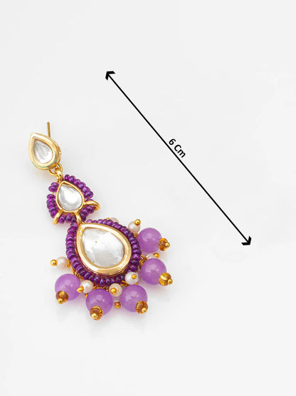 Purple Kundan Beaded Drop Earrings With Size