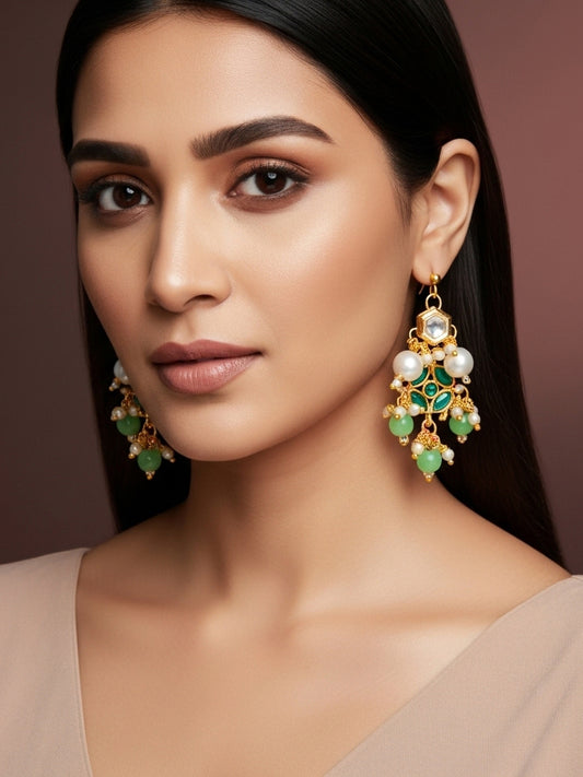 Aadita Gold Plated Green Kundan and Pearl Chandelier Earrings for Women