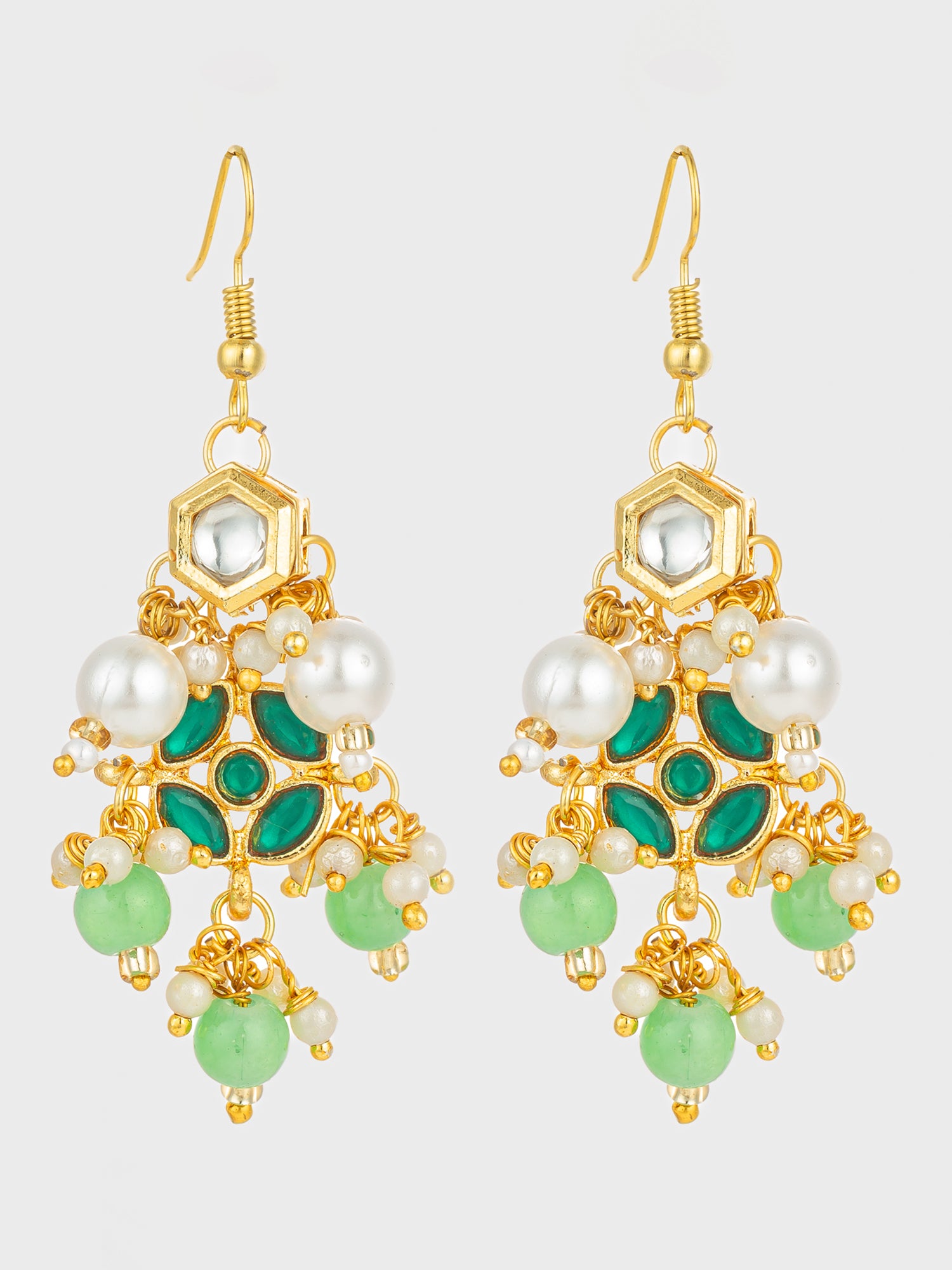 Aadita Gold Plated Green Kundan and Pearl Chandelier Earrings for Women