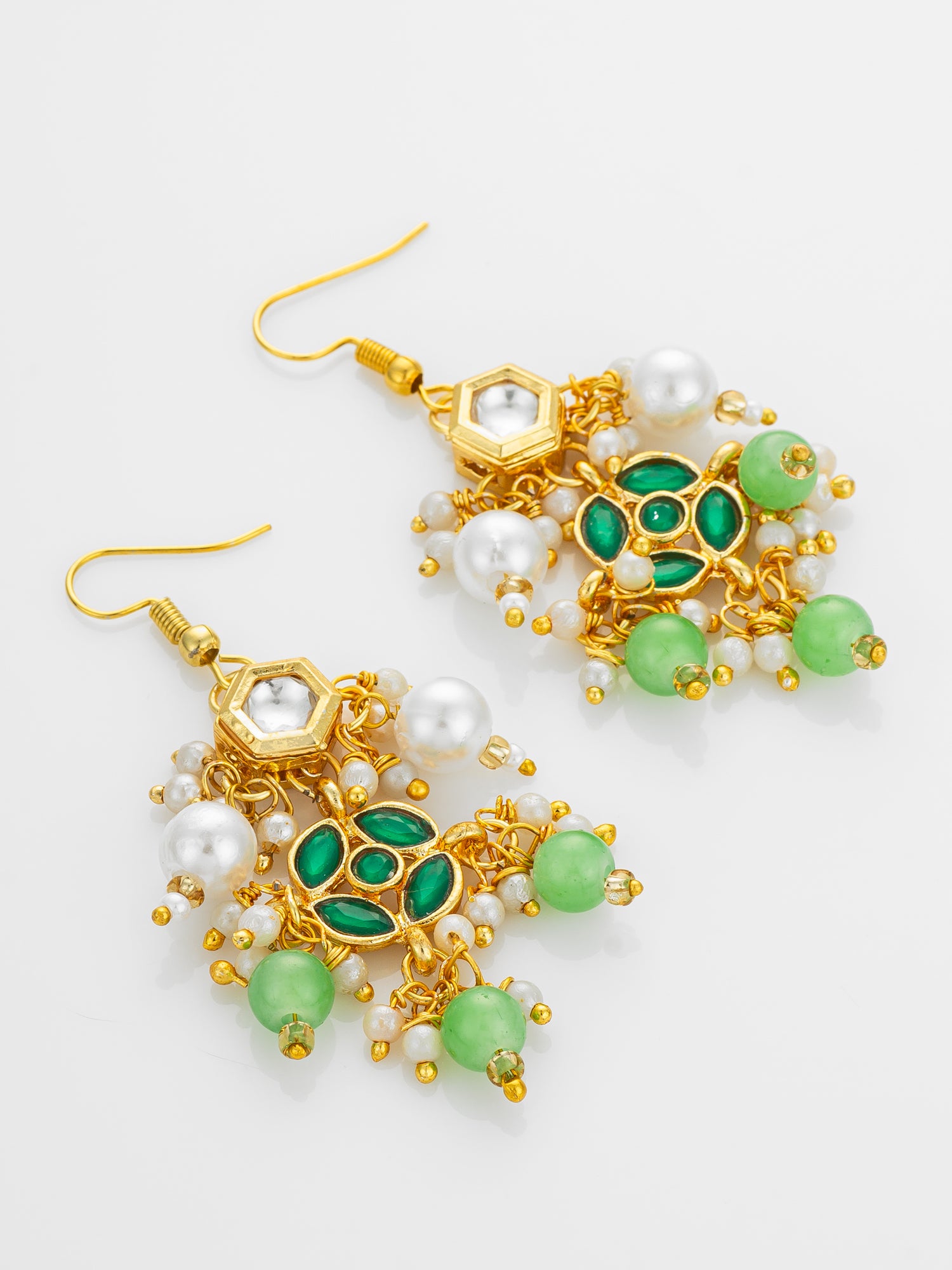 Aadita Gold Plated Green Kundan and Pearl Chandelier Earrings for Women