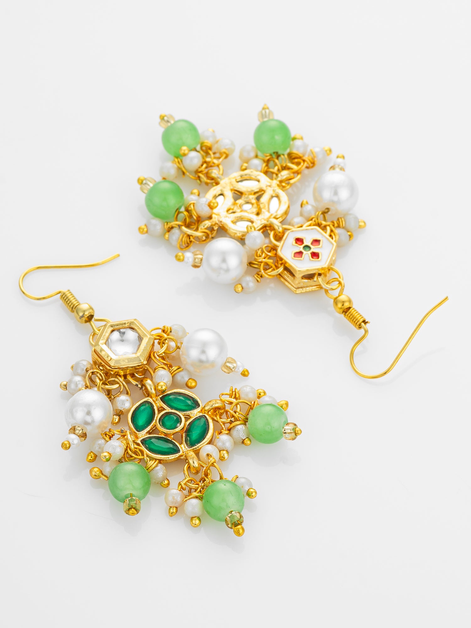 Aadita Gold Plated Green Kundan and Pearl Chandelier Earrings for Women