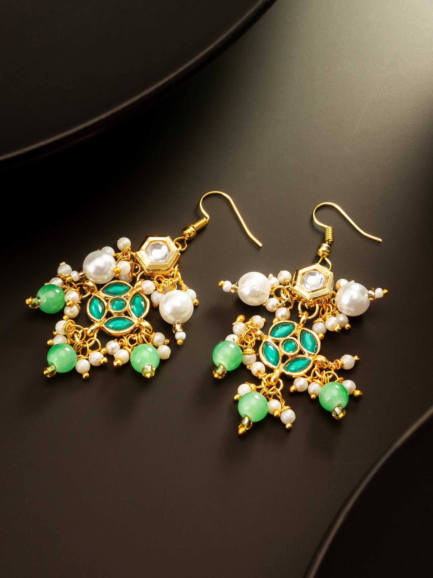 Aadita Gold Plated Green Kundan and Pearl Chandelier Earrings for Women