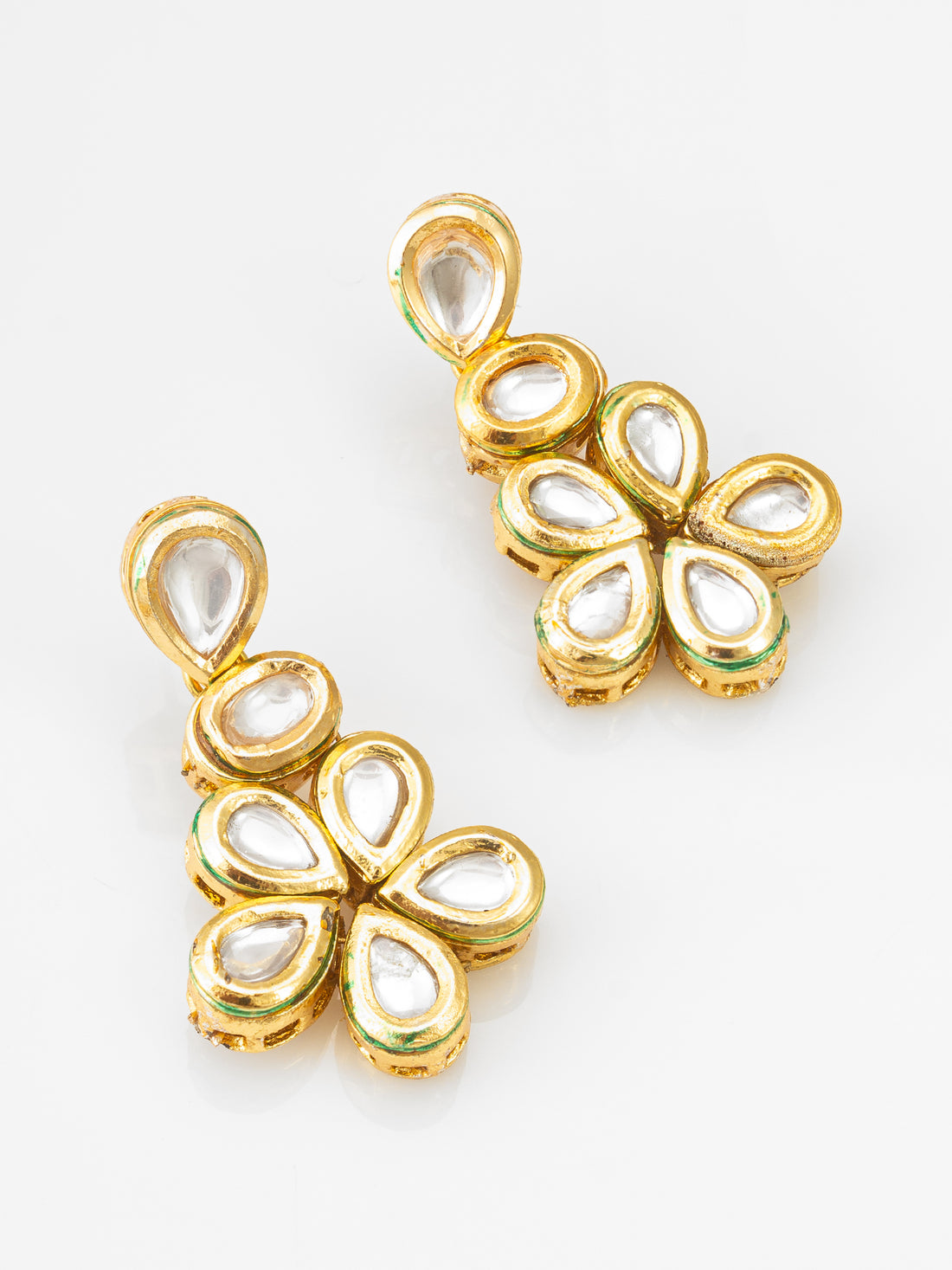 Elegant Gold-Plated Floral Kundan Studded Drop Earrings with Teardrop Motifs