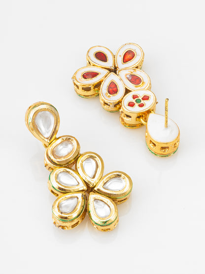 Elegant Gold-Plated Floral Kundan Studded Drop Earrings with Teardrop Motifs