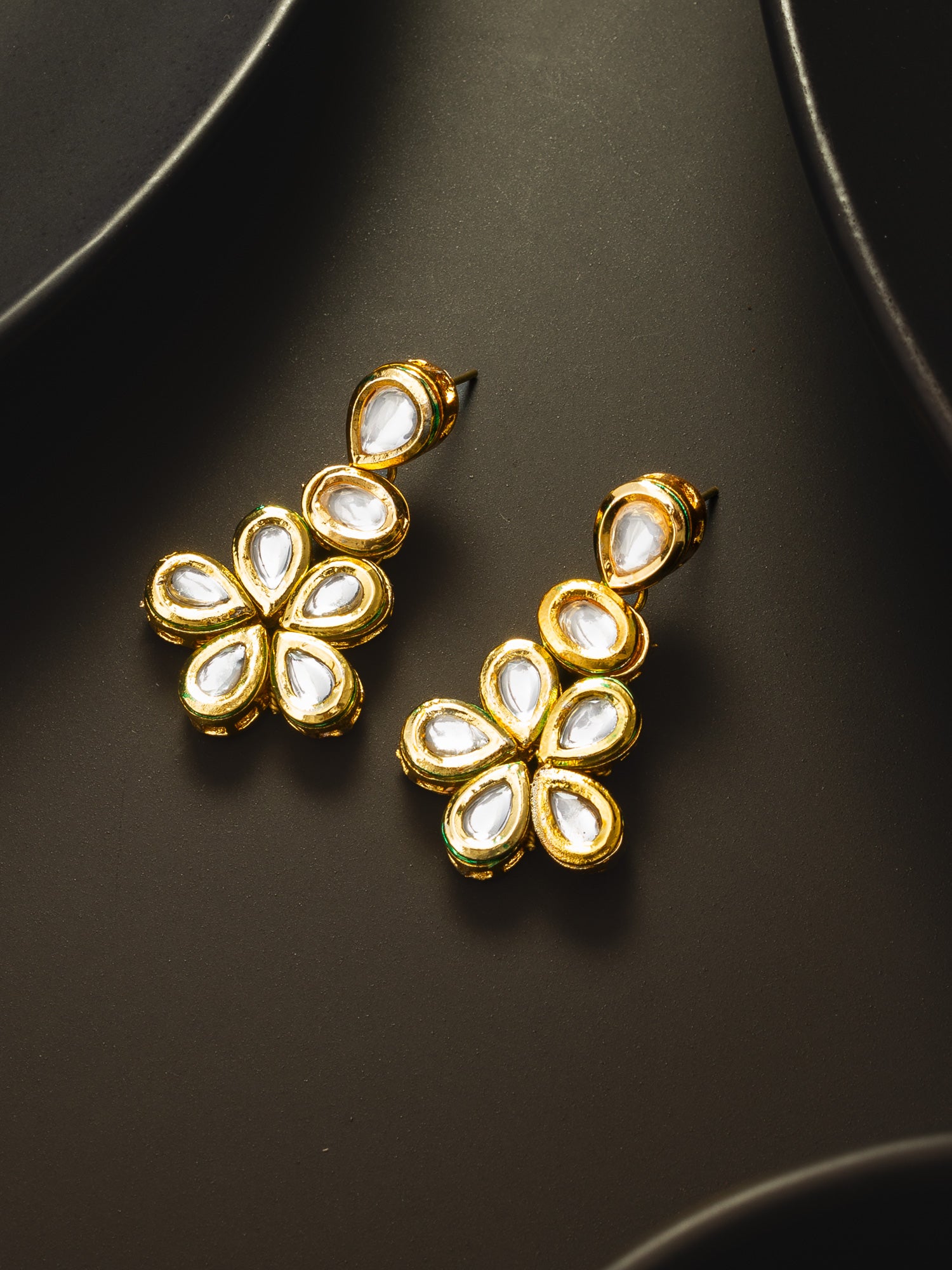 Elegant Gold-Plated Floral Kundan Studded Drop Earrings with Teardrop Motifs
