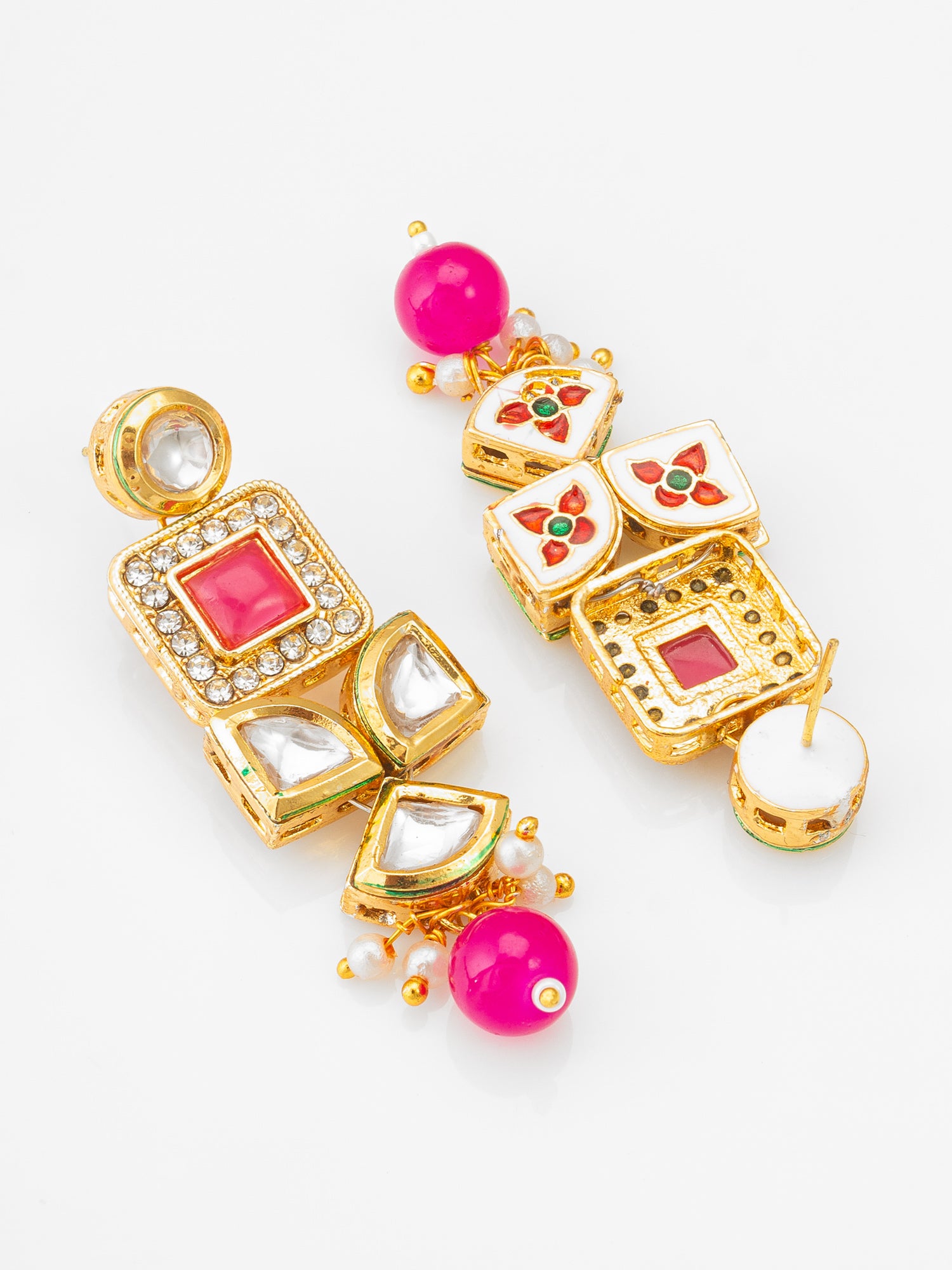 Geometric Gold-Plated Kundan Long Drop Earrings with Pink Accents and Pearl Beads