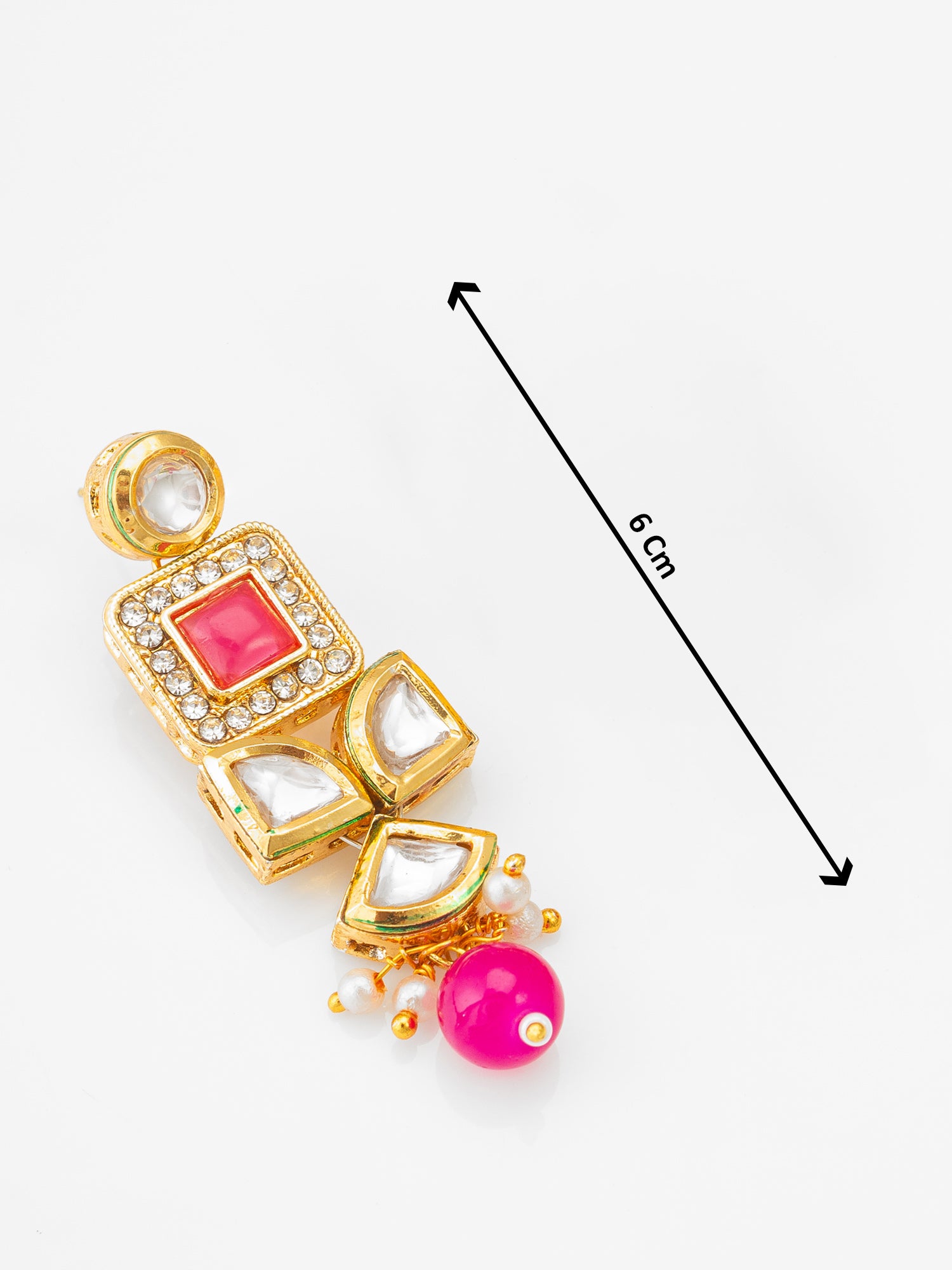 Geometric Gold-Plated Kundan Long Drop Earrings with Pink Accents and Pearl Beads