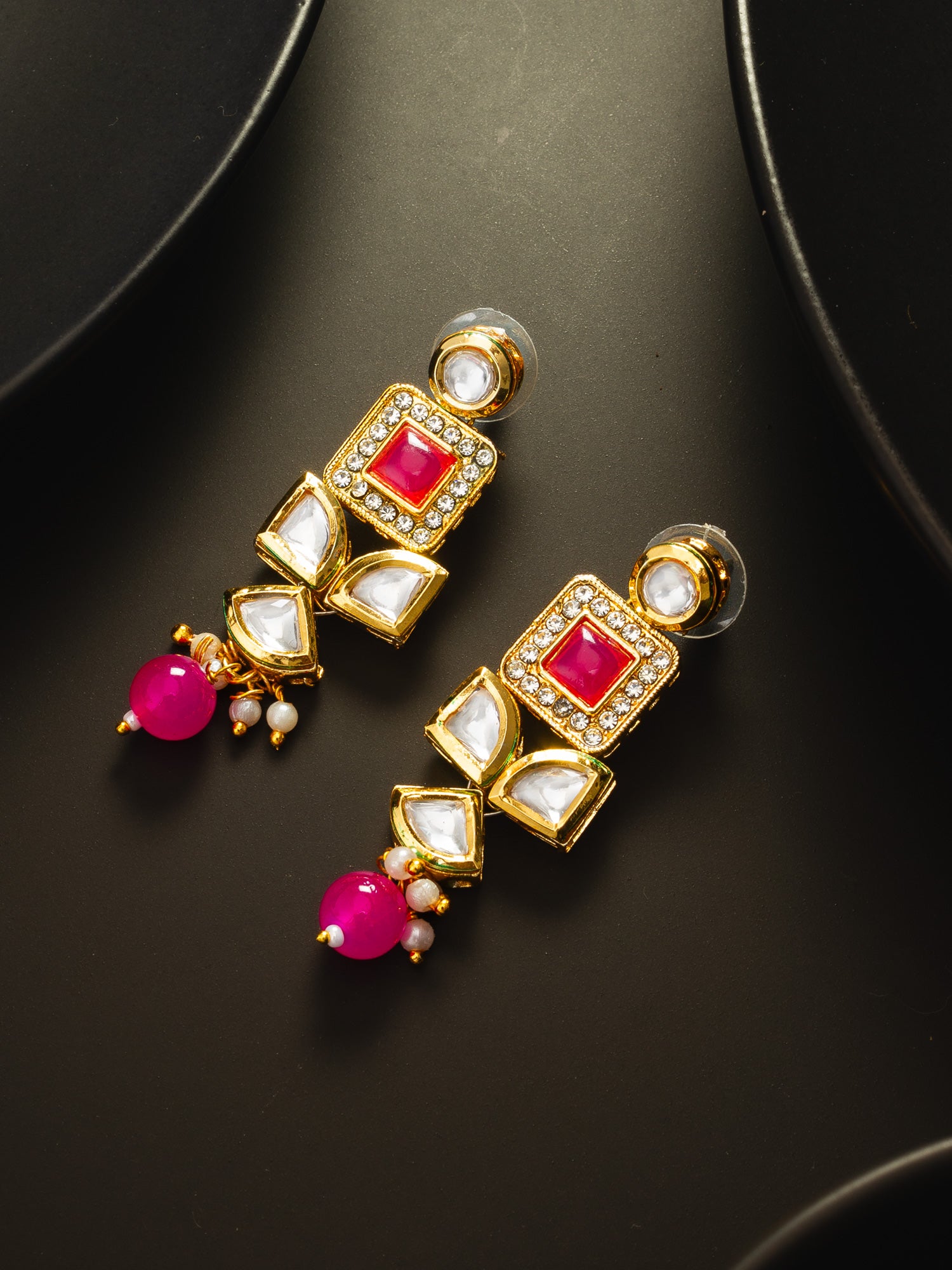 Geometric Gold-Plated Kundan Long Drop Earrings with Pink Accents and Pearl Beads