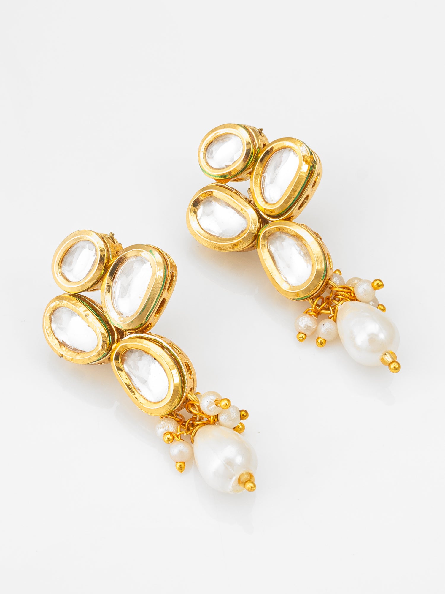 Classic Gold-Plated Oval Kundan Earrings with Oversized Pearl Drops