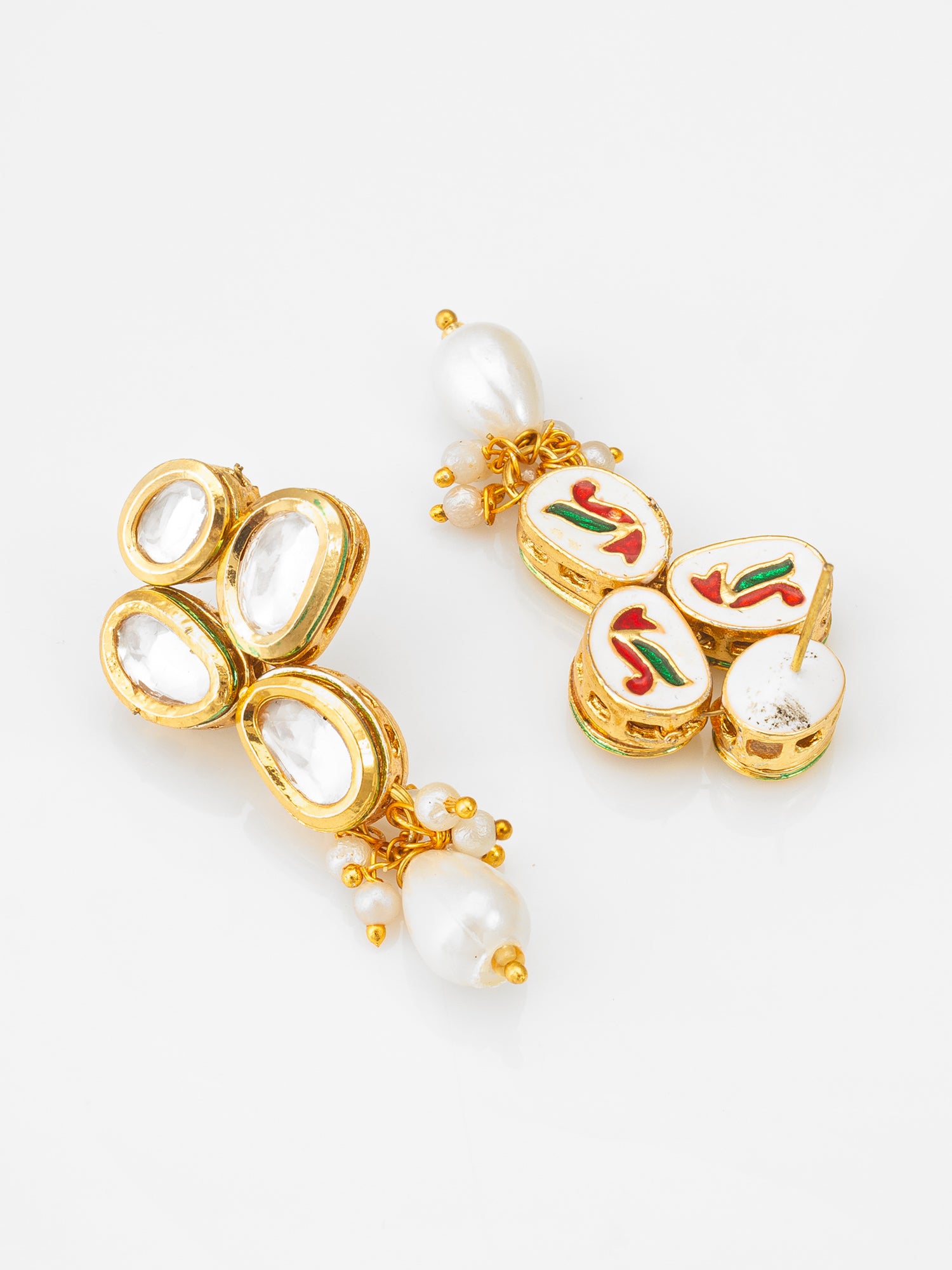 Classic Gold-Plated Oval Kundan Earrings with Oversized Pearl Drops