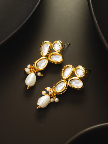 Classic Gold-Plated Oval Kundan Earrings with Oversized Pearl Drops