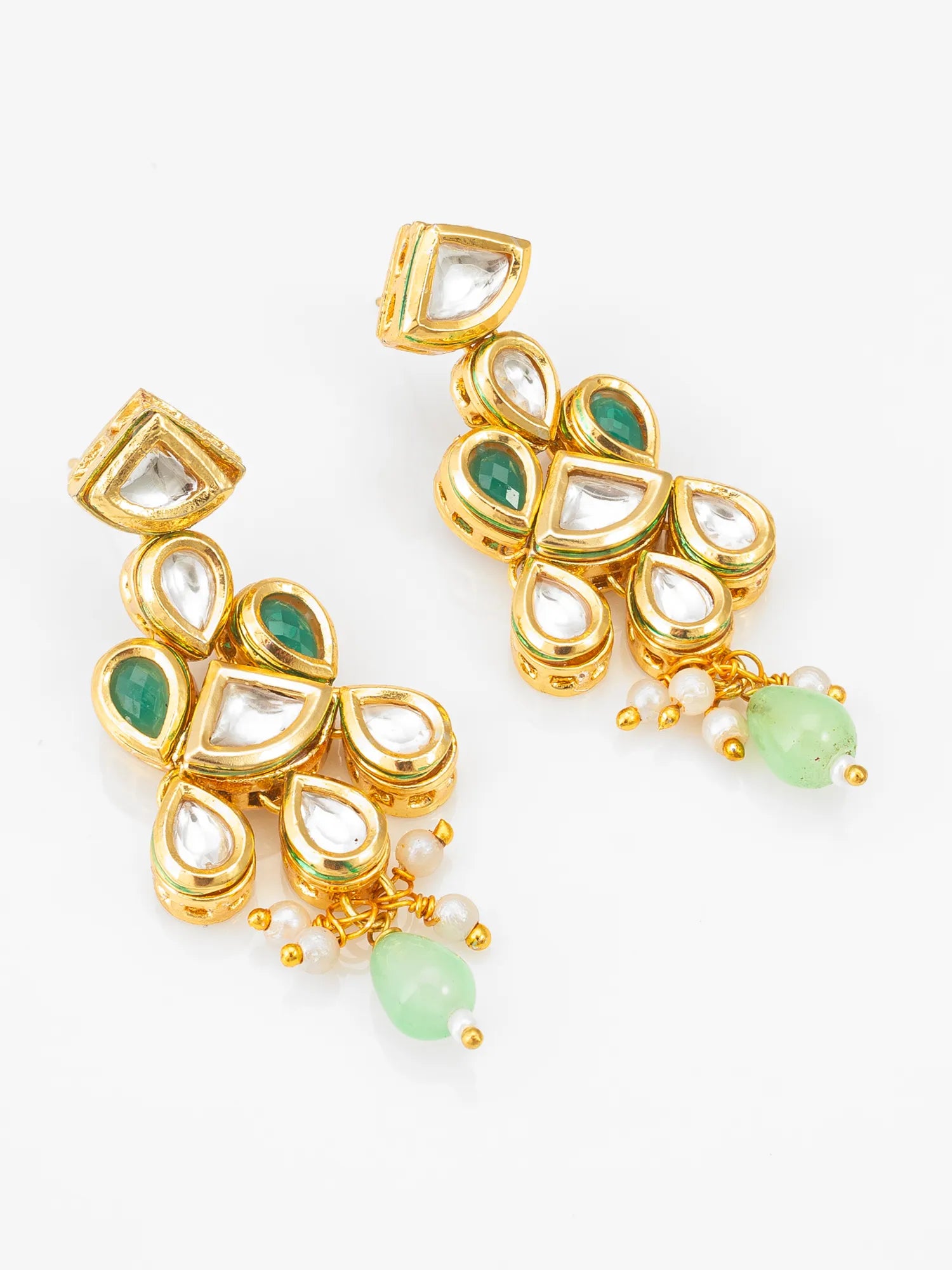 Green Kundan Floral Drop Earrings On A White Background