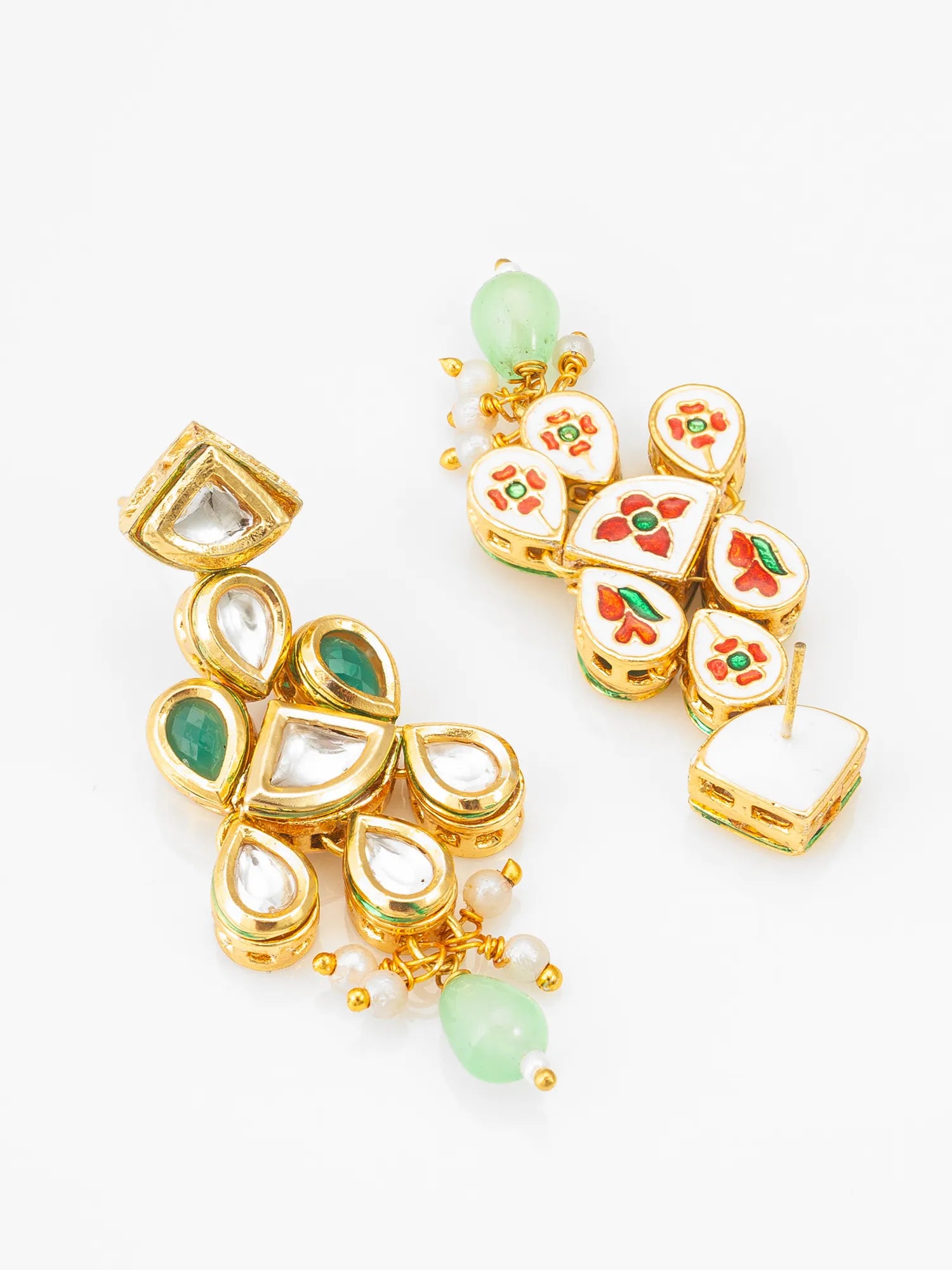 Green Kundan Floral Drop Earrings With Gold-Toned Finish