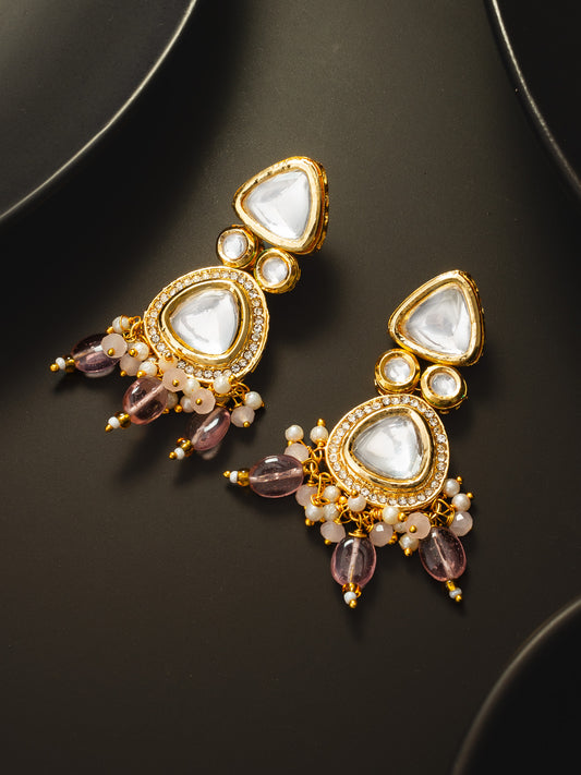 Aadita Gold-Plated Kundan Earrings with Crystal Bead Drop For Reception Wear