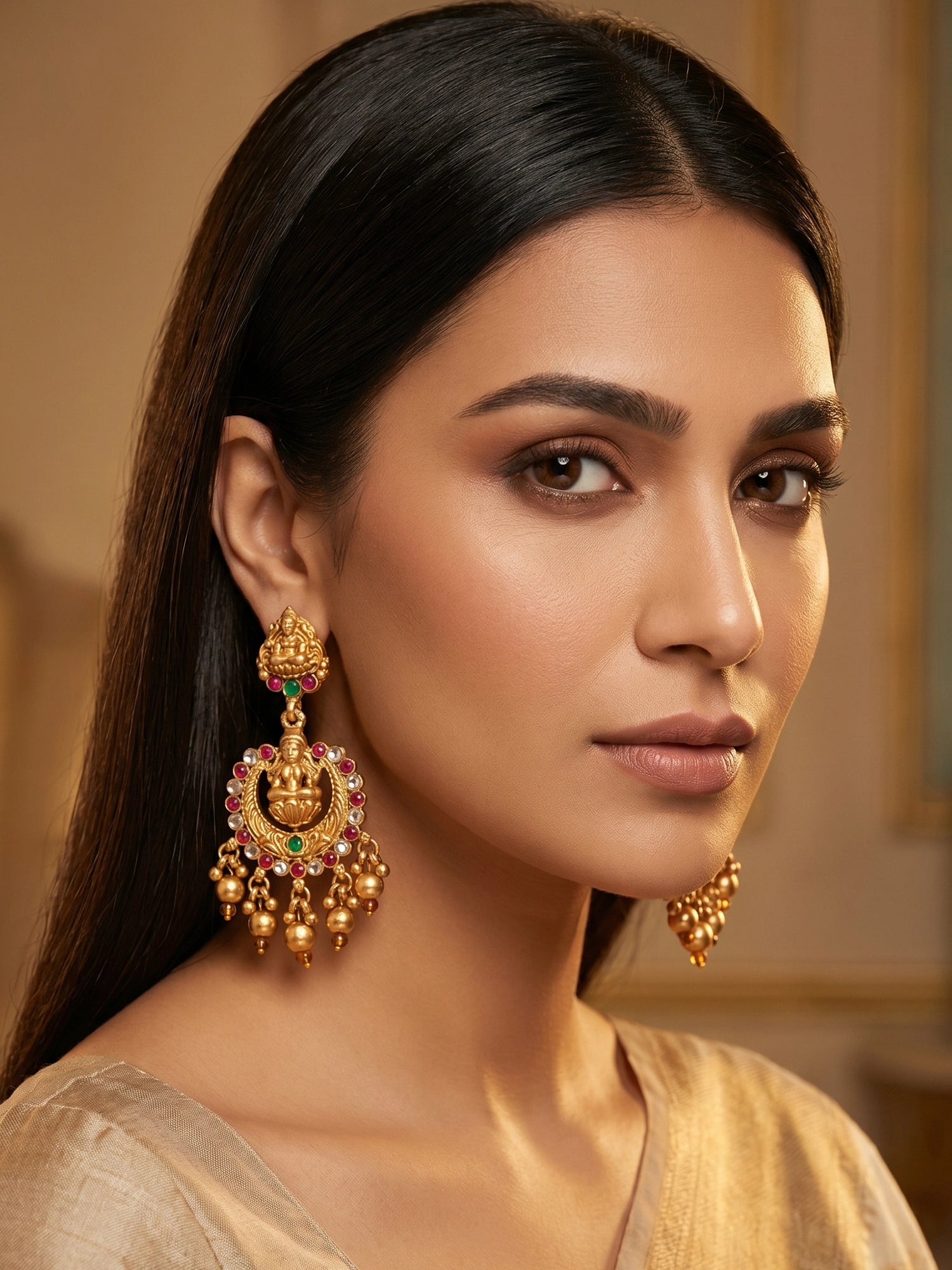 Aadita Lakshmi Temple Chandbali Earrings with Stones