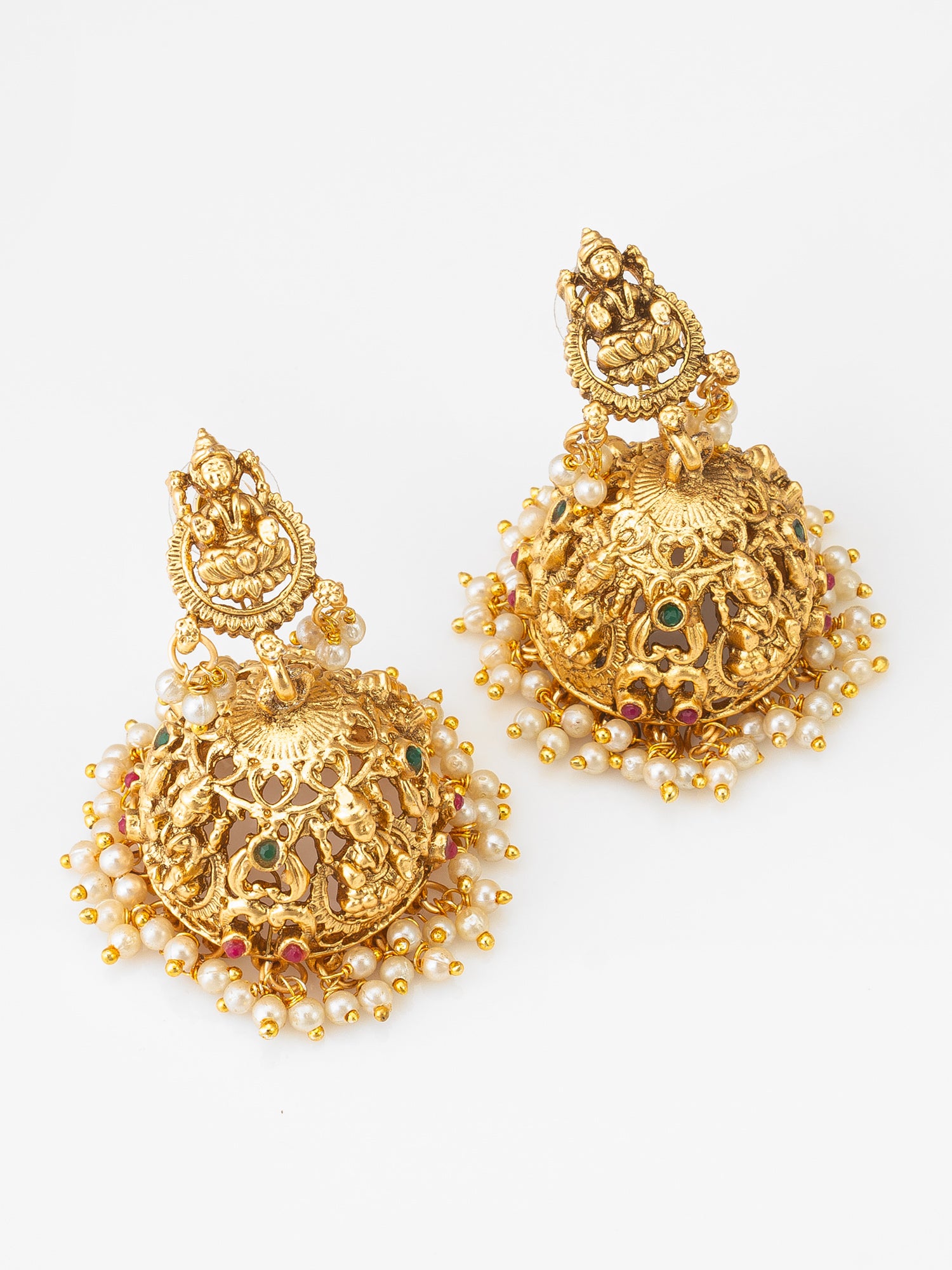 Aadita Lakshmi Temple Jhumka Earrings with Pearl Drops and Stones