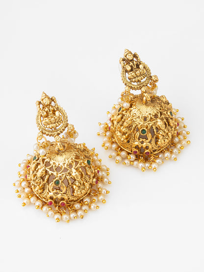 Aadita Lakshmi Temple Jhumka Earrings with Pearl Drops and Stones