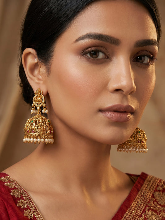 Aadita Lakshmi Temple Jhumka Earrings with Pearl Drops and Stones