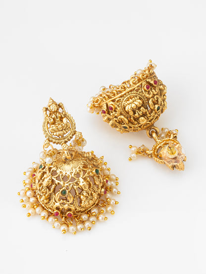 Aadita Lakshmi Temple Jhumka Earrings with Pearl Drops and Stones