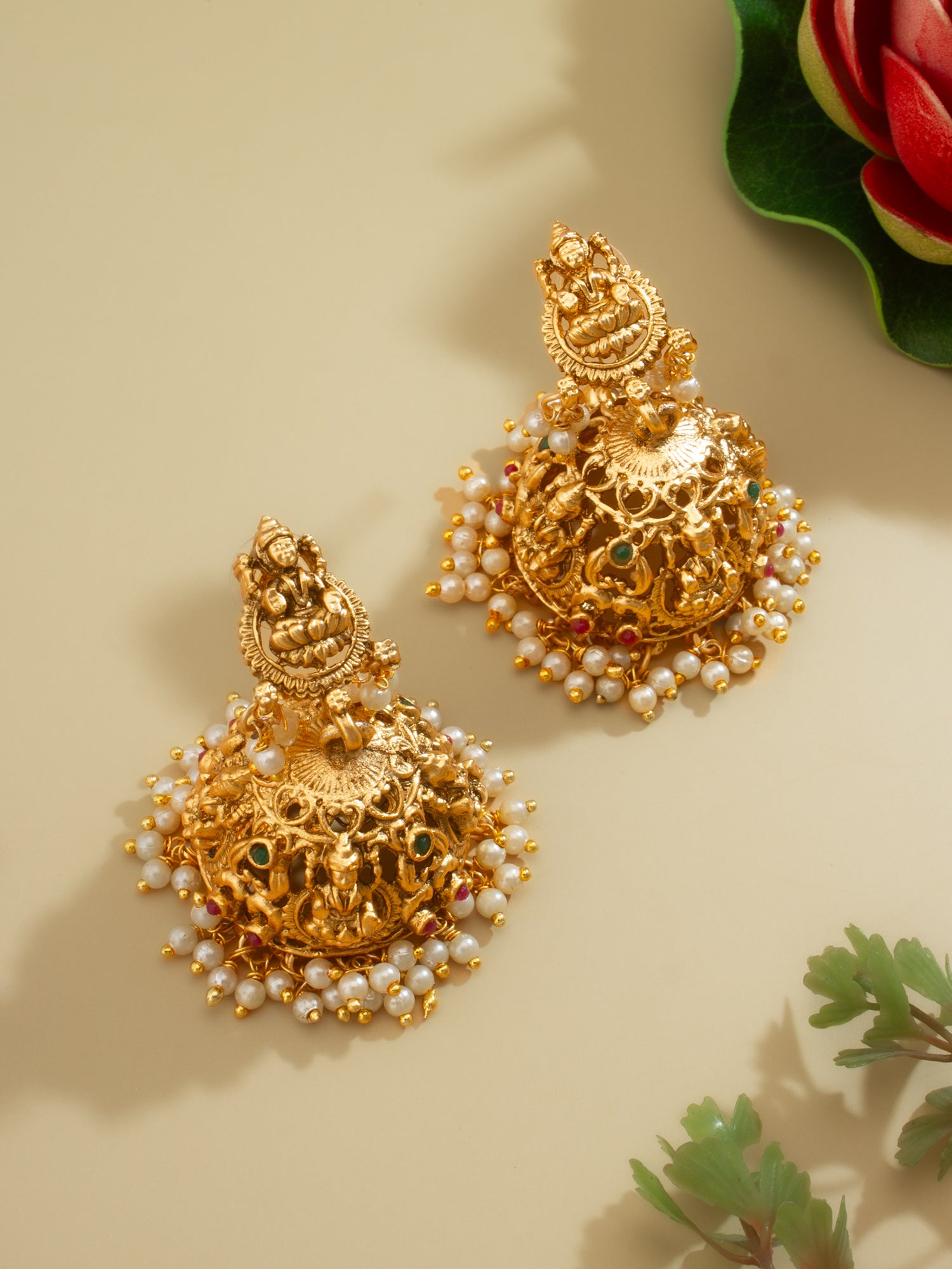 Aadita Lakshmi Temple Jhumka Earrings with Pearl Drops and Stones