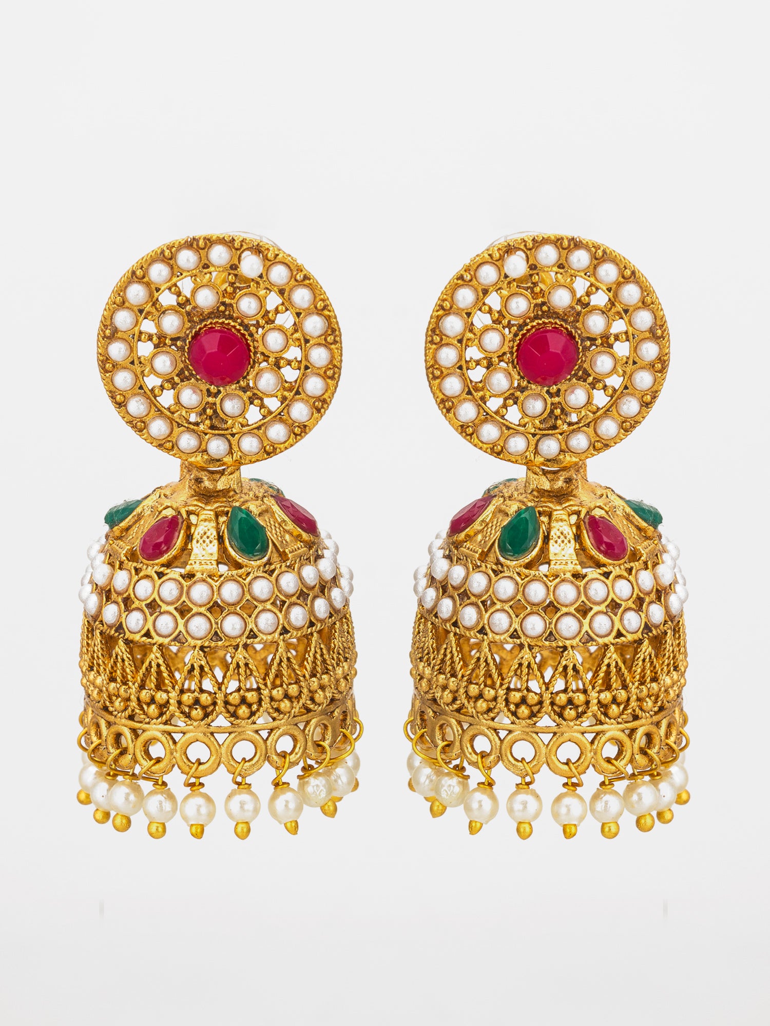 Aadita Traditional Pearl and Multi-Color Stone Jhumka Earrings
