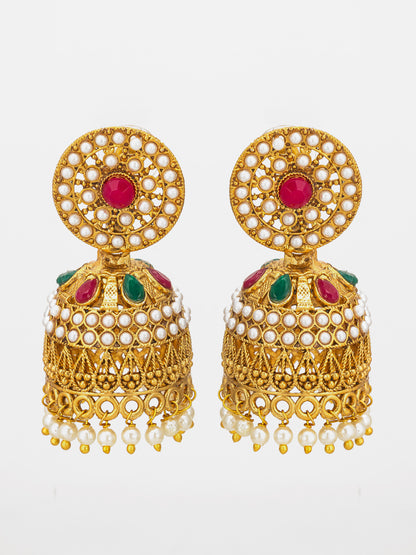 Aadita Traditional Pearl and Multi-Color Stone Jhumka Earrings