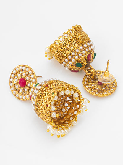 Aadita Traditional Pearl and Multi-Color Stone Jhumka Earrings