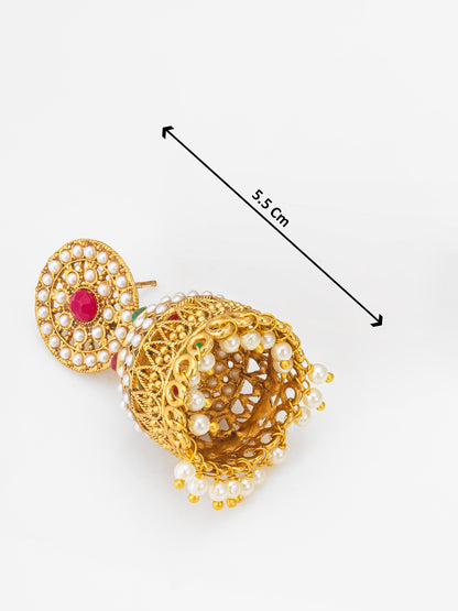 Aadita Traditional Pearl and Multi-Color Stone Jhumka Earrings