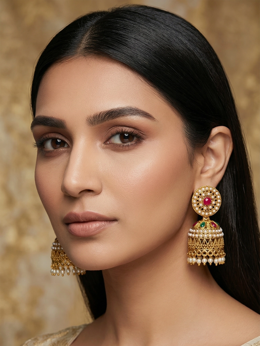 Aadita Traditional Pearl and Multi-Color Stone Jhumka Earrings
