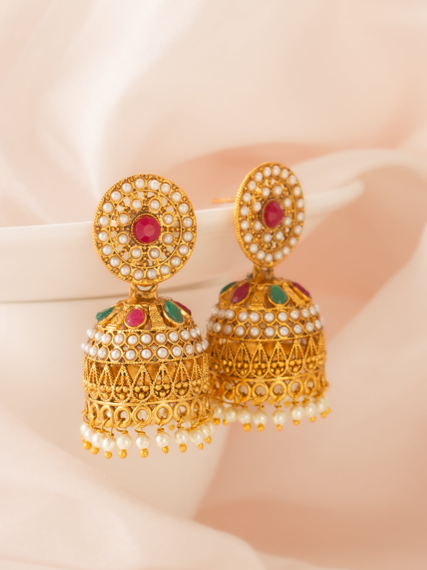 Aadita Traditional Pearl and Multi-Color Stone Jhumka Earrings
