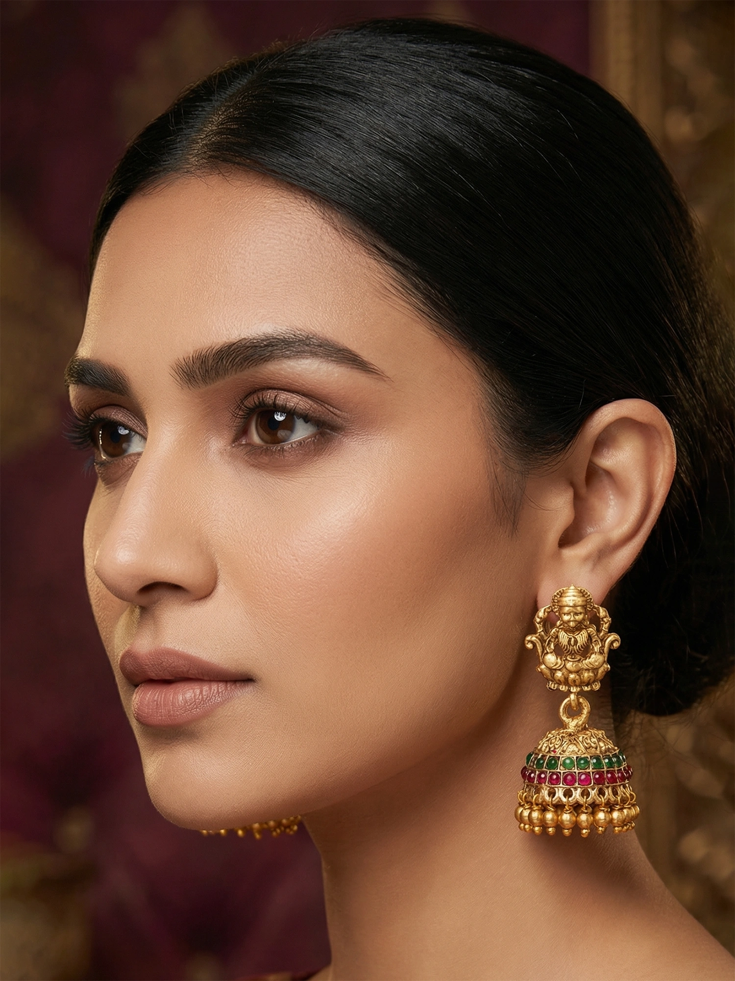 Aadita Traditional Lakshmi Motif Antique Jhumka Earrings