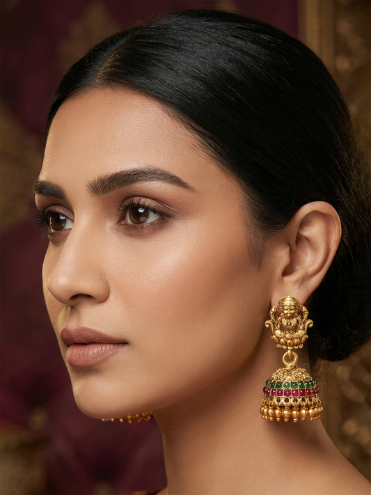 Aadita Traditional Lakshmi Motif Antique Jhumka Earrings