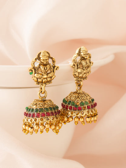 Aadita Traditional Lakshmi Motif Antique Jhumka Earrings