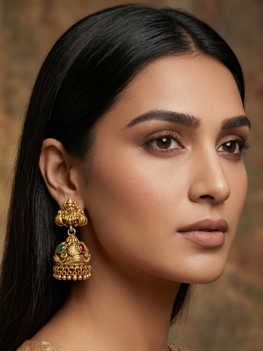 Aadita Divine Temple Style Antique Gold Jhumka Earrings