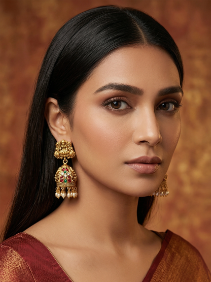 Aadita Grand Traditional Deity Jhumka Earrings with Pearls