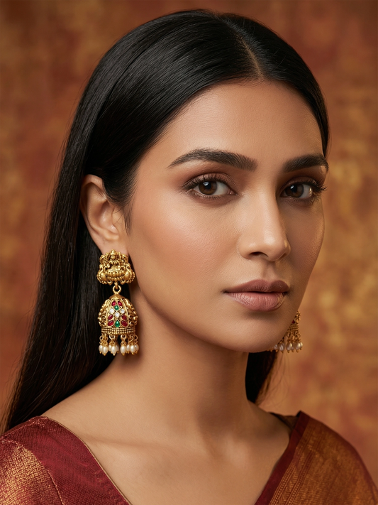 Aadita Grand Traditional Deity Jhumka Earrings with Pearls
