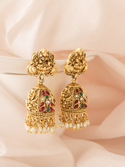 Aadita Grand Traditional Deity Jhumka Earrings with Pearls