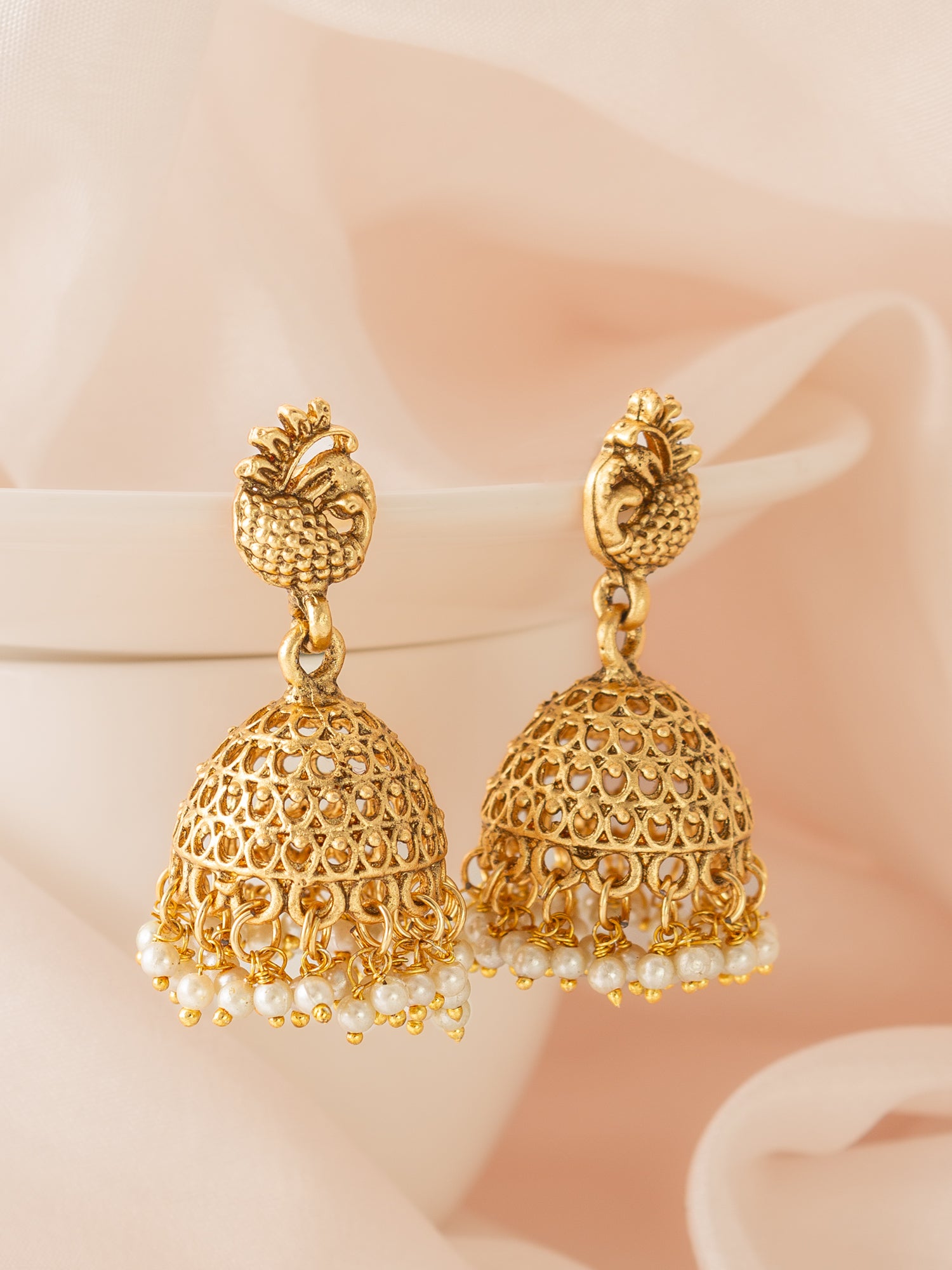 Aadita Elegant Peacock Filigree Jhumka Earrings with Pearls