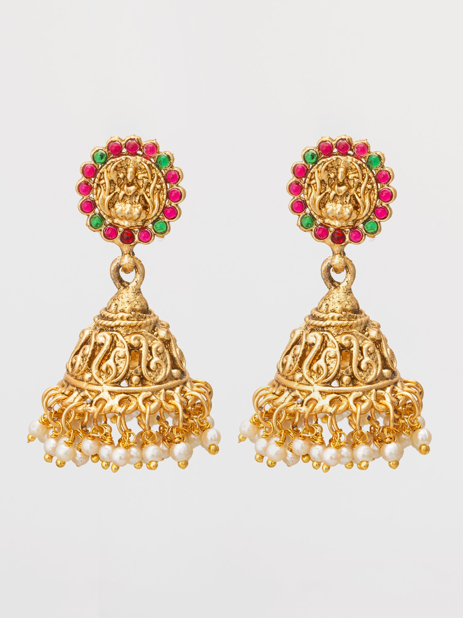 Aadita Classic Stone Bordered Deity Jhumka Earrings