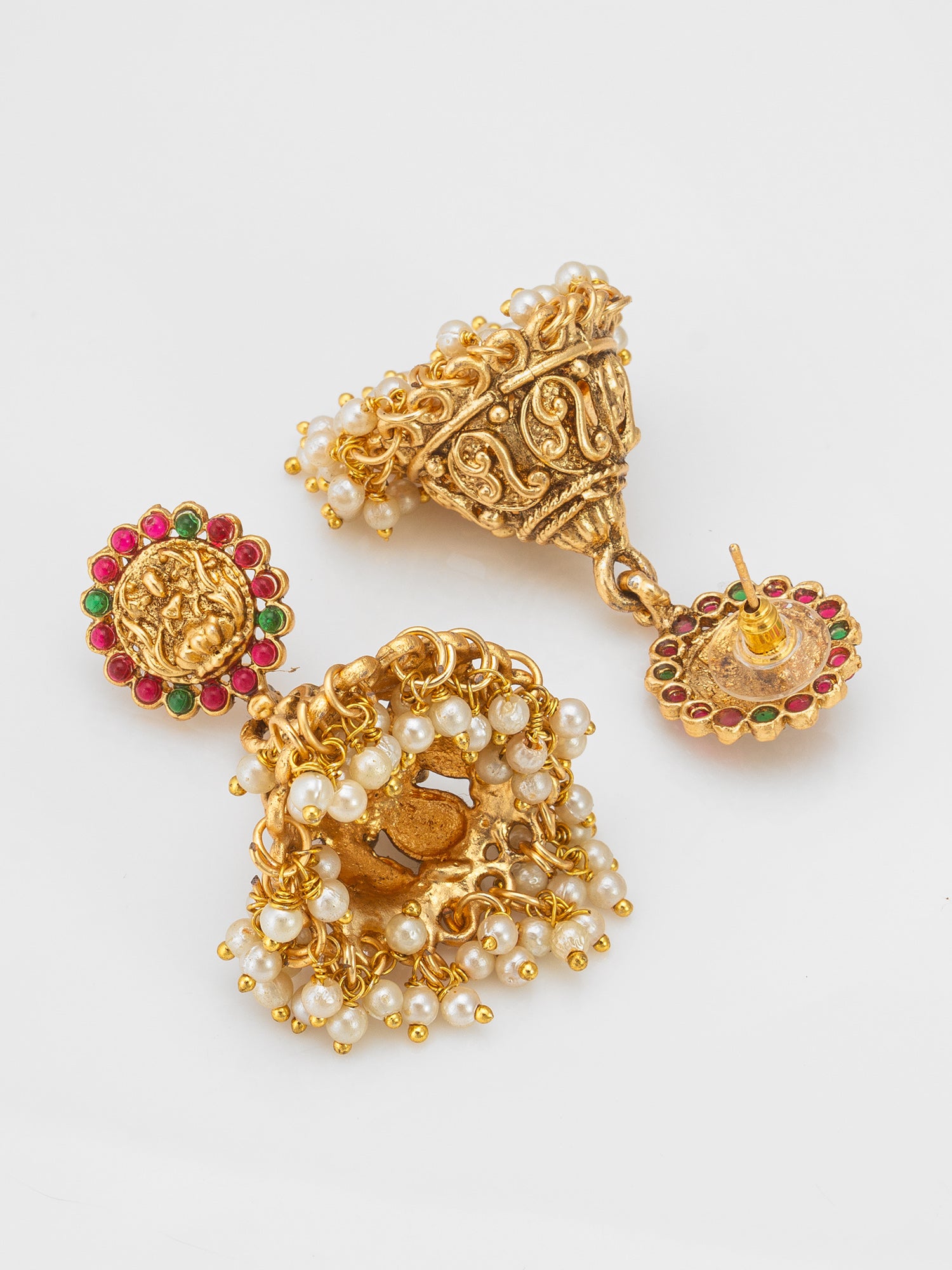 Aadita Classic Stone Bordered Deity Jhumka Earrings