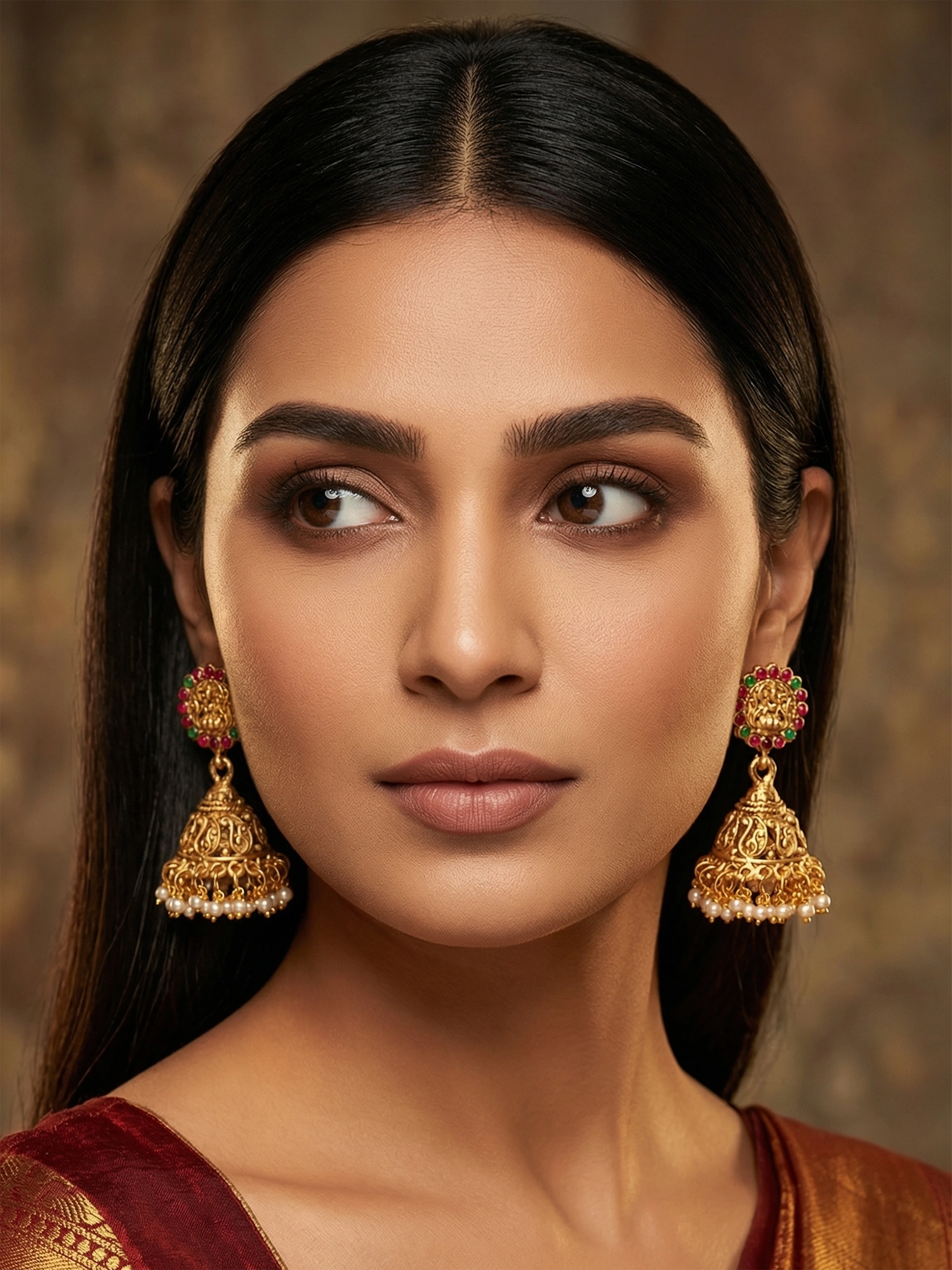 Aadita Classic Stone Bordered Deity Jhumka Earrings