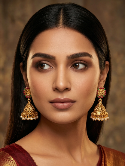 Aadita Classic Stone Bordered Deity Jhumka Earrings