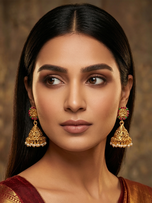 Aadita Classic Stone Bordered Deity Jhumka Earrings