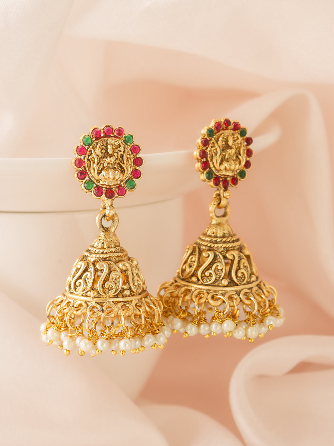 Aadita Classic Stone Bordered Deity Jhumka Earrings