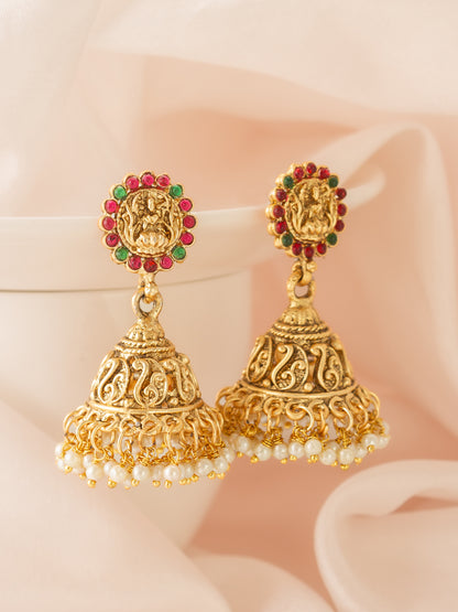 Aadita Classic Stone Bordered Deity Jhumka Earrings