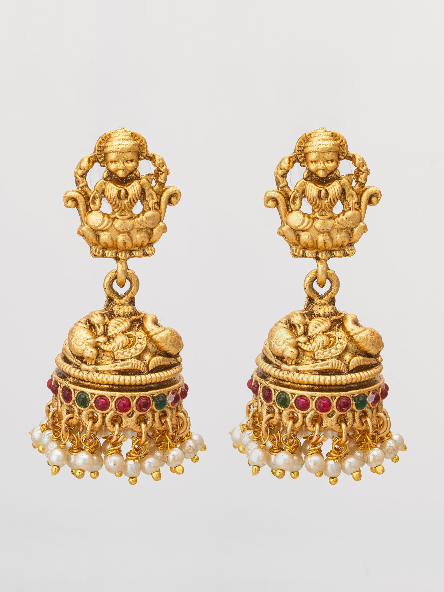 Aadita Antique Gold Plated Temple Lakshmi Jhumka Earrings with Pearls