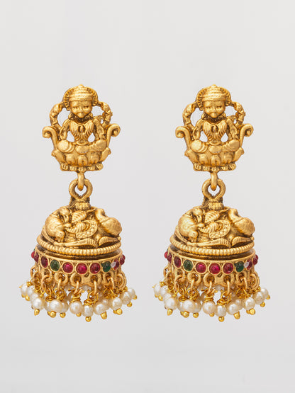 Aadita Antique Gold Plated Temple Lakshmi Jhumka Earrings with Pearls