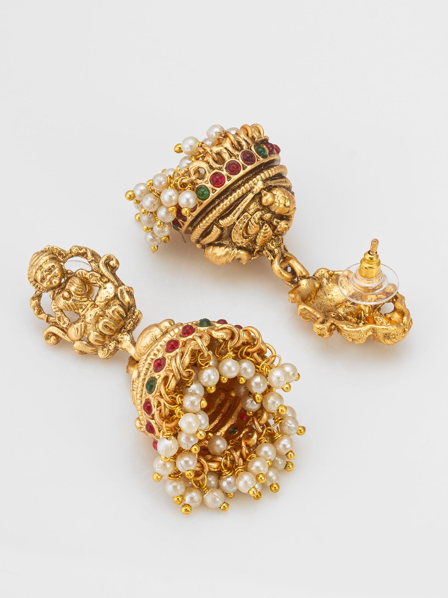 Aadita Antique Gold Plated Temple Lakshmi Jhumka Earrings with Pearls
