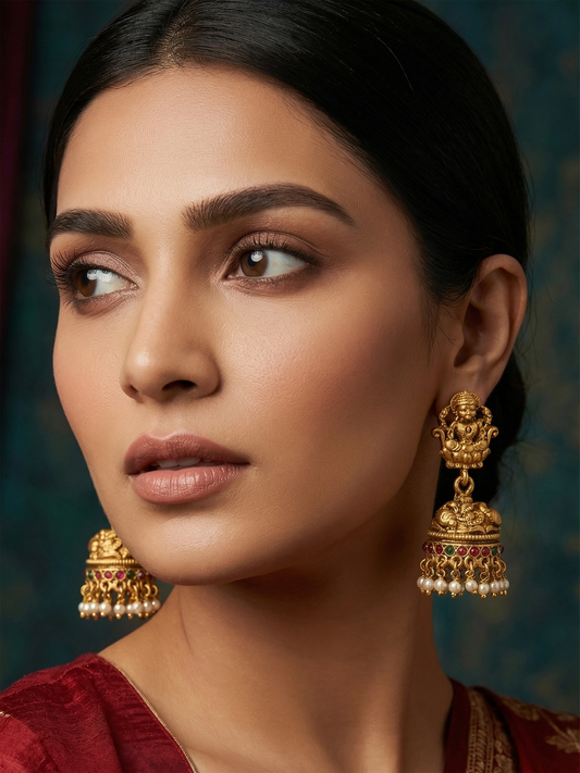 Aadita Antique Gold Plated Temple Lakshmi Jhumka Earrings with Pearls