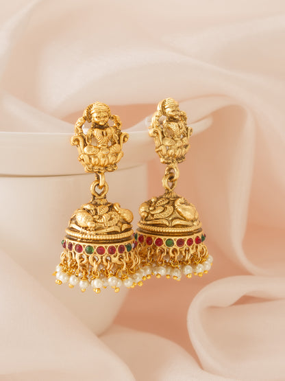 Aadita Antique Gold Plated Temple Lakshmi Jhumka Earrings with Pearls